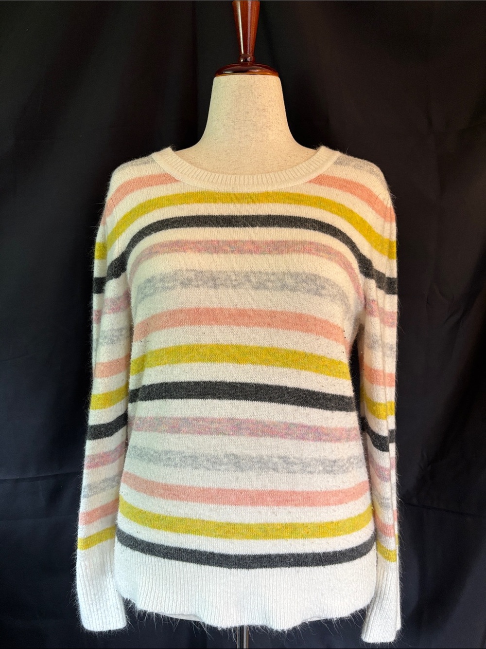 LOFT Colorful Striped Crewneck Sweater in White, Pink, Grey & Yellow